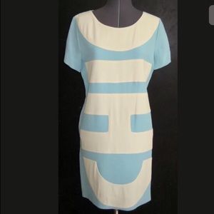 VINTAGE 1990s CHEAP & CHIC MOSCHINO SHEATH DRESS AQUA BLUE CREAM CREPE 8 38